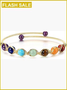 7 Chakra Crystal Healing Stone Bead Adjustable Bracelet with Gold Plated Charms